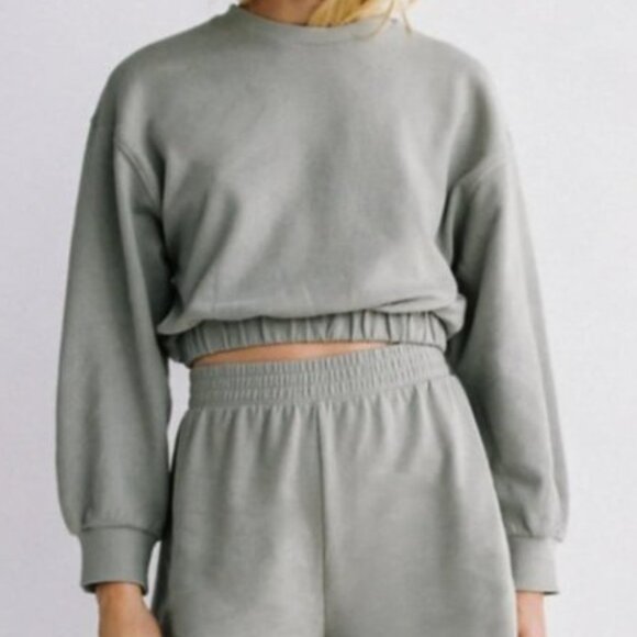 Zara Cropped Gray Sweatshirt M Elastic Hem Long Sleeve Pullover Casual Top - Picture 3 of 8